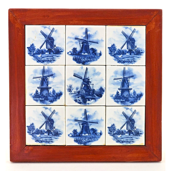 TRIVET-WALL HANGING-Blue White Delft Tiles-Windmills-Various Designs-7.5 x 7.5 - Picture 1 of 8
